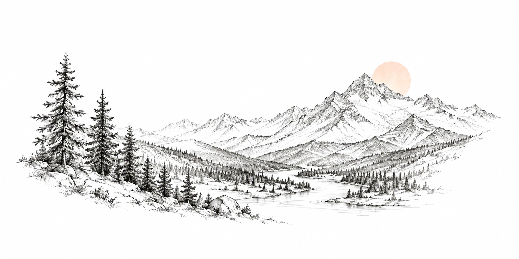 Pen sketch of a winding river, pine trees and mountains beneath a pale sun.